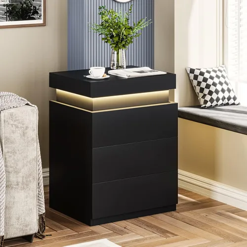 Miniatura 7 de ADORNEVE Mesita de noche con estación de carga y luces LED, mesa auxiliar con parte superior deslizante, mesa de noche con cajones, mesa lateral