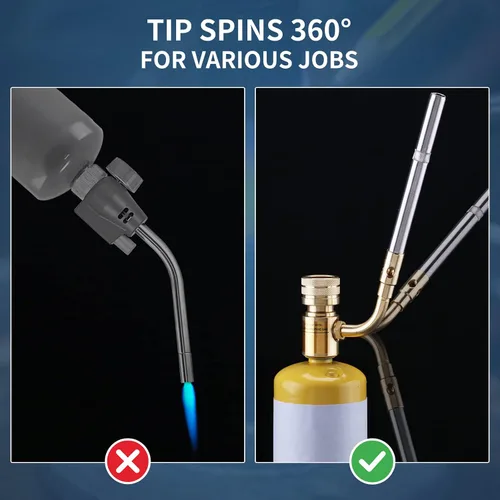 Miniatura 3 de Cabezal de Antorcha de Gas Propano Mapp Boquilla Giratoria 360°, Antorcha de Plomería Calor Ajustable Alimentada por Cartuchos de Propano Mapp Dorado