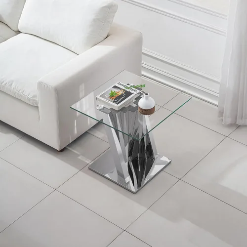Miniatura 181 de Mesa de centro de cristal de lujo, mesa de centro de sofá de 47 pulgadas con marco de acero inoxidable dorado y parte superior de vidrio negro, mesa