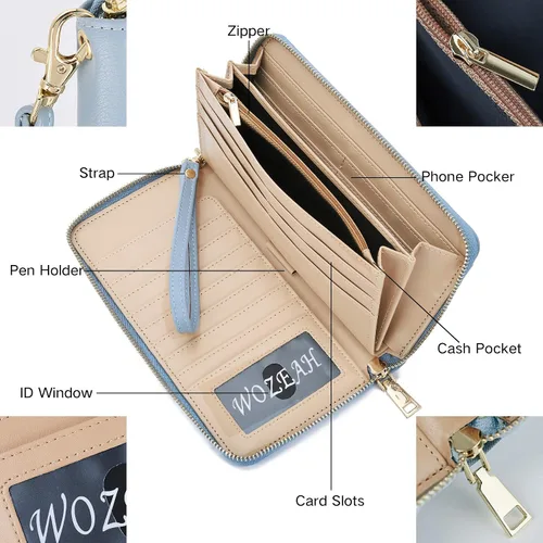 Miniatura 7 de WOZEAH - Cartera de piel sintética con cremallera y bloqueo RFID para mujer, ideal para viajar