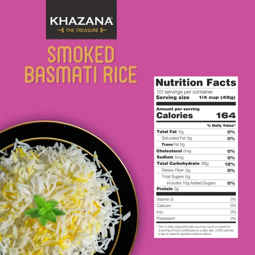 Miniatura 4 de Auténtico arroz basmati ahumado por Khazana en bolsa de 10 libras, grano indio aromático y sabroso, sin OMG, sin gluten, kosher, sin colesterol