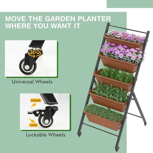 Miniatura 6 de Safstar - Macetero vertical de 5 niveles, cama de jardín elevada con 2 ruedas con bloqueo, 5 jardineras extraíbles, marco de metal, caja