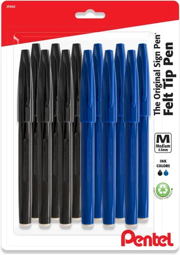 Pentel Bolígrafos de punta de fieltro, punta de fibra, paquete de 12 marcadores de punta de fieltro (6 negros y 6 azules), punta media de 0.031 in