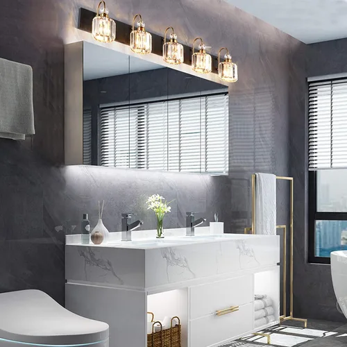 Miniatura 5 de Ralbay - Luces LED modernas de tocador para baño de 5 luces, luces de tocador de cristal sobre espejo, lámparas modernas de tocador para baño