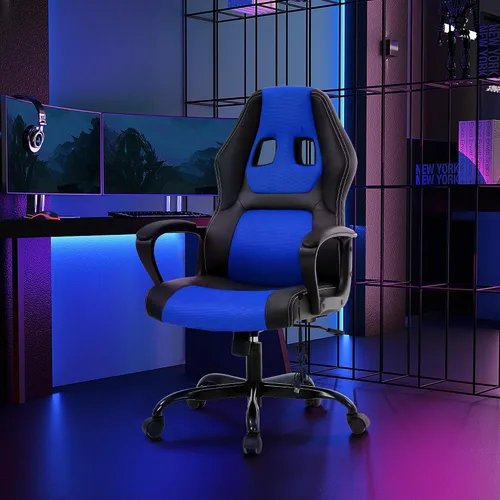 Miniatura 2 de Massage Gaming Chair – Ergonomic Office Desk Chair with Recline Function, PU Leather & Breathable Design, Lumbar Pillow, Adjustable Height, 360° Blue