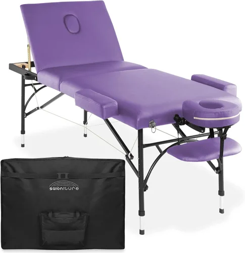 Miniatura 8 de Saloniture Mesa de masaje profesional portátil ligera de tres pliegues con patas de aluminio, incluye reposacabezas, soporte facial, reposabrazos