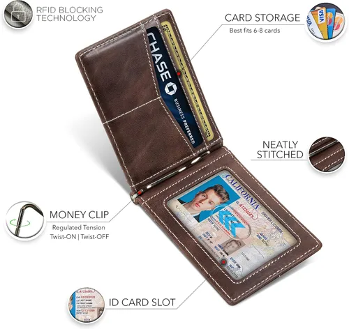 Miniatura 49 de Serman Brand RFID billetera de bloqueo Slim Bifold – cuero genuino minimalista bolsillo frontal carteras para hombres con clip para dinero, cartera