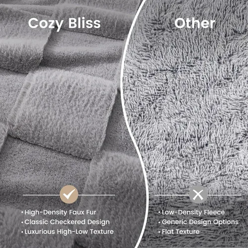 Miniatura 5 de Cozy Bliss Manta de Tiro de Piel Sintética de Conejo a Cuadros Gris, Mantas Suaves Difusas Esponjosas Minky Peludas para Sofá, Cama