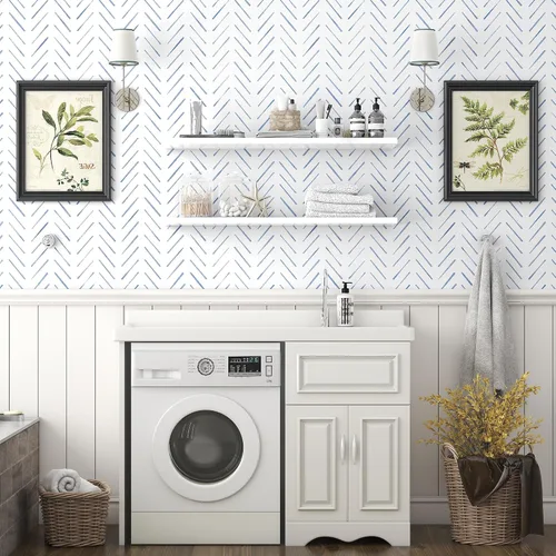 Miniatura 6 de Papel tapiz de rayas de espiga para despegar y pegar, papel tapiz de 17.3 x 78.8 pulgadas, papel de pared blanco y azul, papel de contacto bohemio