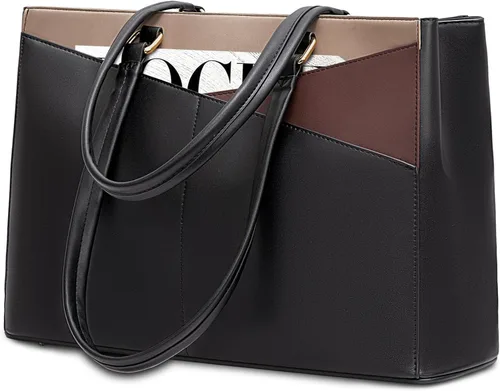 Miniatura 13 de LOVEVOOK Bolsa de mano para computadora portátil para mujer, bolsas de trabajo de cuero de 15.6 pulgadas con soporte grande para tazas para Negro