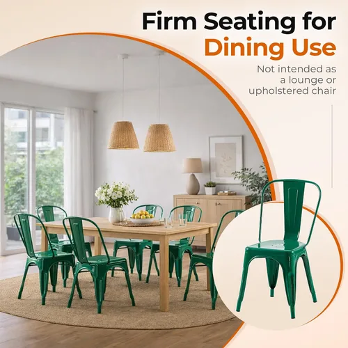 Miniatura 6 de Juego de 8 sillas de comedor de metal verde alpino, sillas de cocina apilables retro estilo granja, sillas laterales de acero verde oscuro para café