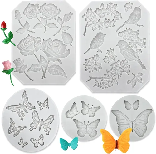 Paquete de 5 moldes de silicona para fondant con diseños de mariposa, rosa, tallos de flores, pájaros y flores, para hacer chocolate, fondant,