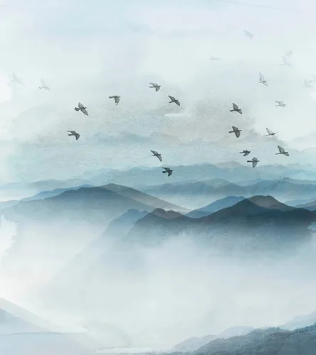 Miniatura 2 de Papel tapiz para guardería. Papel tapiz de pájaros que vuelan sobre la montaña. Papel tapiz removible, pintura de acuarela de vista de montaña.