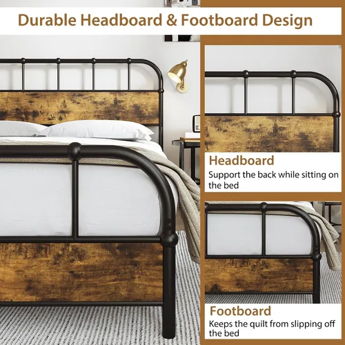 Miniatura 8 de Giantex Base de cama de metal tamaño Queen con cabecera de madera, base de cama de plataforma industrial con listones de metal resistente, base