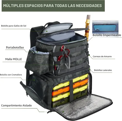 Miniatura 5 de MATEIN Mochila para Pesca, Bolsa de Equipo de Pesca Resistente al Agua con Soportes para Caña de Pescar y Enfriador, Regalos de Equipo para Hombres