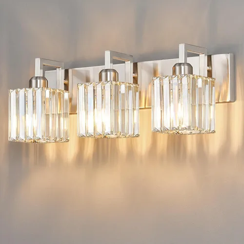 Luz de Tocador de Baño Moderna 3 Luces Níquel Cepillado Luz de Tocador Luz de Pared de Cristal Accesorios de Iluminación de Baño Níquel torcido