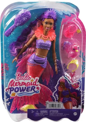 Miniatura 7 de Set de muñeca sirena Barbie Mermaid Power, muñeca de moda Barbie "Brooklyn" con mascota Phoenix y accesorios, juguete de sirena con aletas