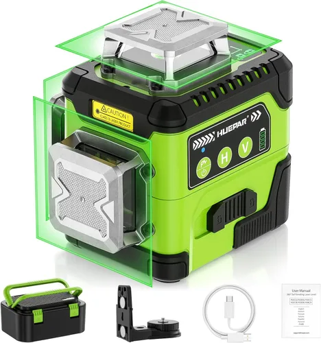 Huepar Nivel láser con pantalla de ángulo digital, 3 x 360° autonivelante de alto brillo, 12 líneas cruzadas verdes láser para construcción y colgar