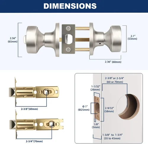 Miniatura 2 de Orger 1 paquete de pomos interiores de níquel satinado, perilla reversible de privacidad con cerradura, pomo redondo sin llave para baño y dormitorio