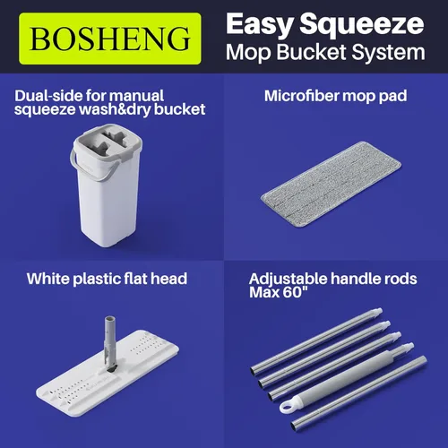 Miniatura 5 de BOSHENG Juego de trapeador y cubo, trapeadores planos para limpieza de pisos, trapeador de pared con mango extensible de 60 pulgadas, mopa de piso