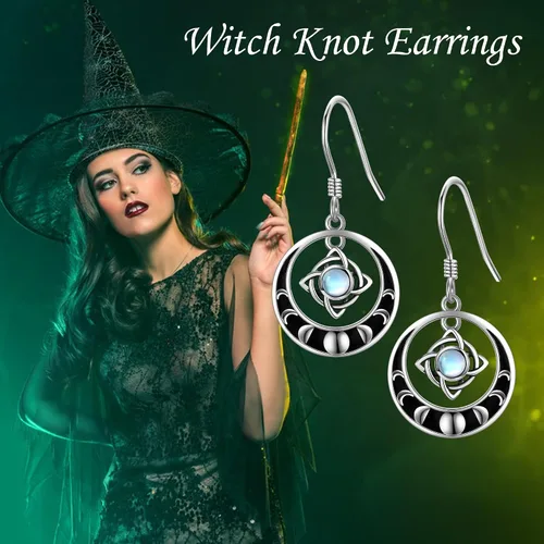 Miniatura 4 de Pendientes de nudo de brujas de plata de ley, aretes de nudo mágico de bruja, piedra lunar, joyería pagana, joyería de fase para mujeres y niñas
