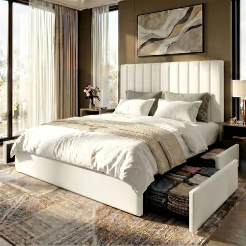 Miniatura 12 de SHA CERLIN Base de cama de plataforma tamaño matrimonial con 4 cajones de almacenamiento, cabecera acolchada vertical con diseño acanalado