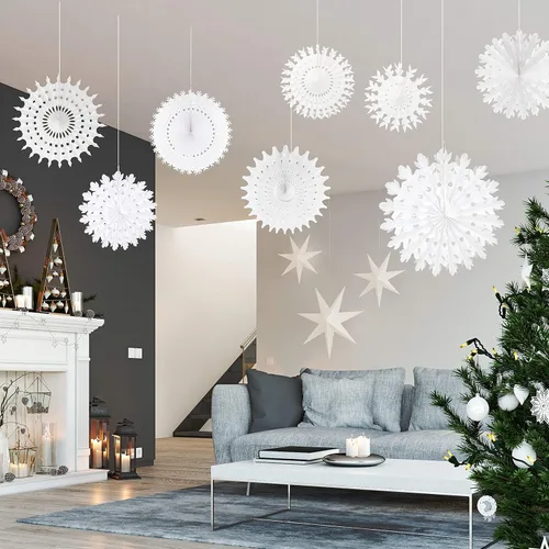 Miniatura 6 de TUPARKA Decoraciones de papel blanco con copos de nieve, suministros de fiesta de cumpleaños de Frozen, decoración de fiesta de invierno del país