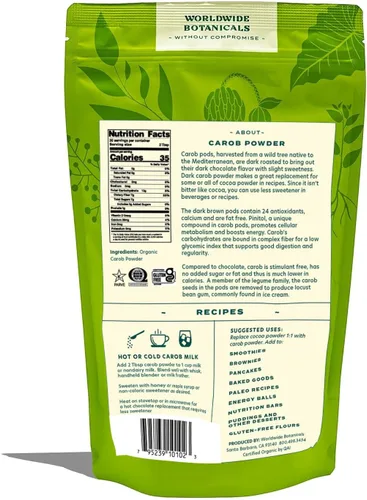 Worldwide Botanicals Polvo de algarrobo orgánico, tostado oscuro, 1 libra, alternativa de cacao sin cafeína, súper alimento bajo en grasa con