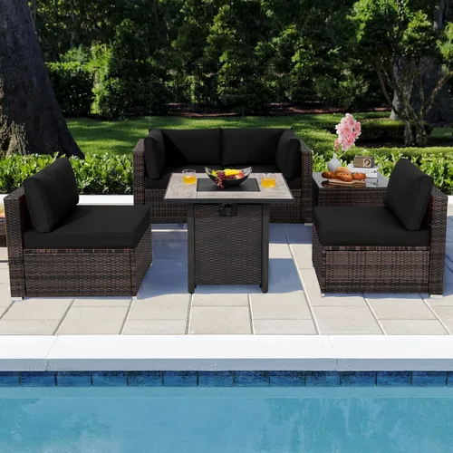 Miniatura 3 de Tangkula Patiojoy Juego de sofá de ratán para exteriores de 6 piezas con mesa de fuego de gas propano de 30 pulgadas, mesa de cerámica para fuego