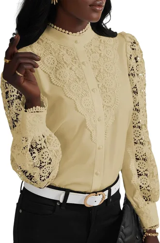 Miniatura 14 de Rooscier Blusa Elegante de Encaje de Crochet con Cuello Alto Simulado de Manga Larga con Botones para Mujer Top