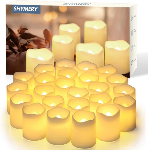 SHYMERY Velas votivas sin llama, velas falsas eléctricas parpadeantes sin llama, paquete de 24 velas LED de té LED de más de 200 horas a pilas en