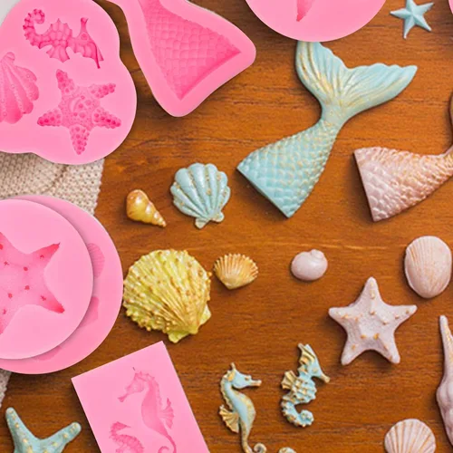 Miniatura 7 de 6 moldes de silicona con temática oceánica de cola de sirena, caballito de mar, tortugas marinas, conchas de mar, para hacer dulces, chocolate