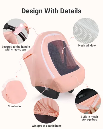 Miniatura 3 de Metplus Funda para Asiento de Carro de Bebé 2 en 1, Funda de Uso Múltiple para Toldo de Asiento de Carro de Bebé con Sombrilla de Privacidad, Rosa