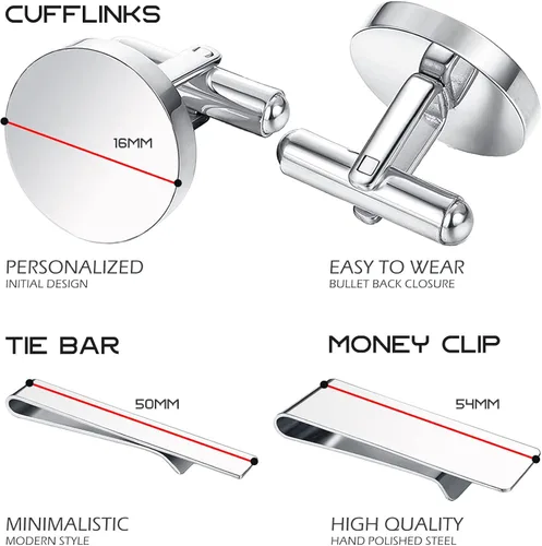 Miniatura 3 de BodyJ4You 4PC Cufflinks, Tie Bar, Money Clip - Initial A-Z Engraving Alphabet Letter - Mirror Polished Steel Men Jewelry - Cuff Links Shirt Tie Suit