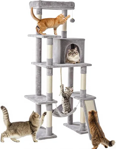 Miniatura 32 de DUMOS Torre grande de árbol para gatos de 66 pulgadas, torre alta de escalada para gatos de varios niveles con postes rascadores de sisal natural