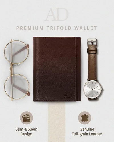 Miniatura 14 de Billetera de triple pliegue con RFID, cuero genuino, delgado, con ventana de identificación, bolsillo frontal, regalo para hombre
