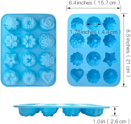 Miniatura 2 de Paquete de 3 moldes de silicona para hornear, antiadherentes de 12 cavidades, magdalenas, chocolate, gelatina, pudín, caramelo, azul, verde, rojo