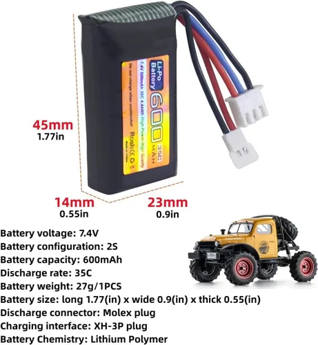 Miniatura 2 de Batería Lipo de 2 piezas 7.4V 600mAh 35C 2S con enchufe Molex y cargador 1trailer2 adecuado para FMS FCX24 RC coches, camiones, vehículos eléctricos