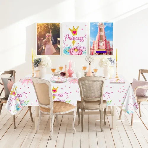 Miniatura 7 de Decoraciones de fiesta de princesa: 81 piezas de decoración de castillo, incluyendo platos de papel rosa, servilletas y mantel para decoraciones