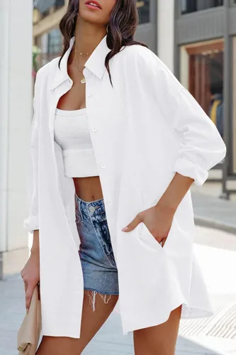 Miniatura 5 de FSHAOES Camisas de gran tamaño con botones para mujer, estilo casual, sueltas, de manga larga, con solapa, blusas largas con bolsillos