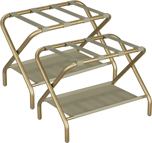 Miniatura 10 de Smuxee Portaequipajes Negro Paquete de 2, Soporte Plegable para Maletas con Estante de Almacenamiento de Tela, Portamaletas con 4 Correas de Nailon