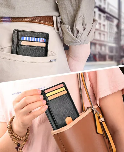 Miniatura 4 de Cartera delgada minimalista de cuero para tarjetas de crédito RFID bloqueo con ventana de identificación