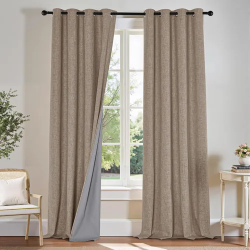 Miniatura 28 de PONY DANCE Juego de 2 paneles de cortinas de cocina beige de 45 pulgadas de largo, cortinas de lino 100% opacas para ventana pequeña, cortinas