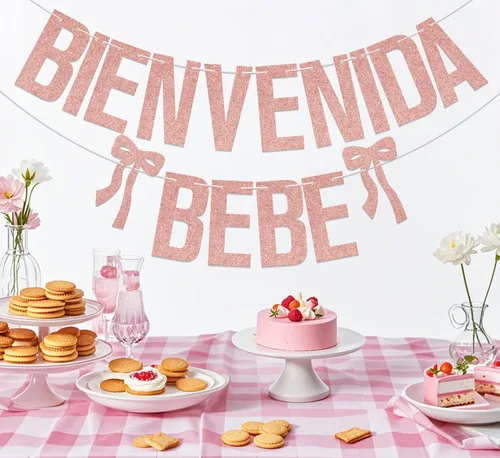 Miniatura 5 de Bienvenida Bebe Banner de bienvenida española para bebé, decoraciones mexicanas para baby shower, purpurina de oro rosa