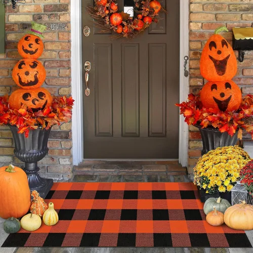 Miniatura 12 de Alfombra Buffalo Plaid Pequeña a Cuadros 2x3 Pies (61x91 cm) Naranja y Negro, Tapete para Puerta Delantera, Navidad Halloween Acción de Gracias