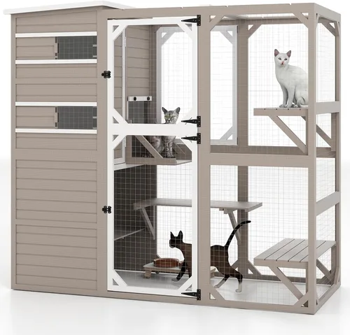 Miniatura 12 de PetsCosset 71" H Large Catio Outdoor Cat Enclosure Window Catios Wooden Walk-in Catio for Multiple Cats with 2 Resting Houses, 6 Platforms