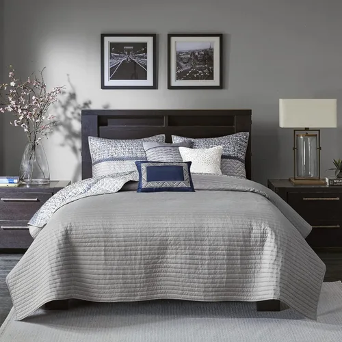 Miniatura 3 de Madison Park Juego de edredón Queen de jacquard lustroso y purpurina, conjunto de cubrecama para cama tamaño Queen – para todas las estaciones