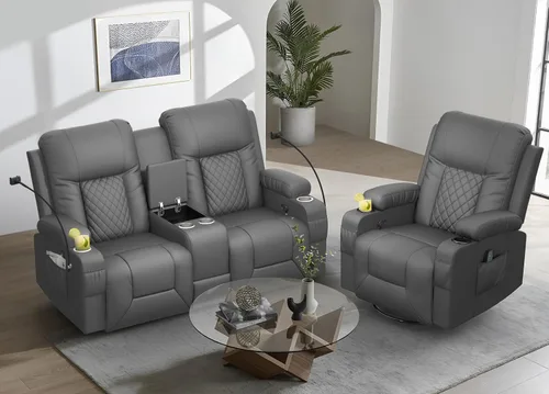 Miniatura 10 de YONISEE Sofá reclinable grande de dos plazas, sofá reclinable con consola de almacenamiento, silla reclinable con puertos USB, 2 soportes