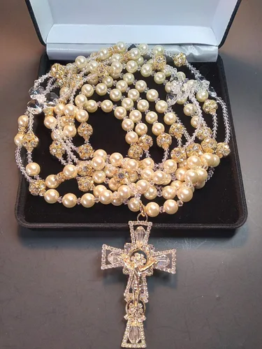 Miniatura 5 de Aeiniweraabbcc SPPRANDOM J.G Wedding LassoLasso para boda de Perla fina Color Marfil y rhigestone Color oro Lazo con Cruz catolica y cristales Lazo