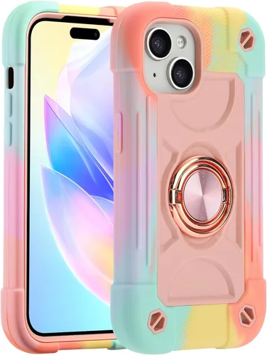 MARKILL Funda compatible con iPhone 15 de 6.1 pulgadas con soporte integrado, [grado militar resistente de cuerpo completo] protección contra Rosa